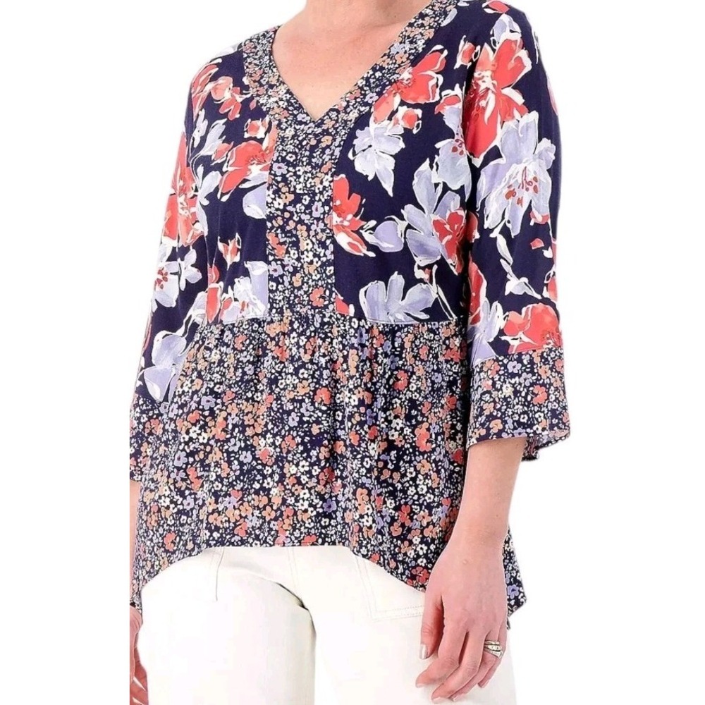 Isaac Mizrahi Live! Women's XLARGE Florals Stretch Asymmetrica Blouse Boho Artsy